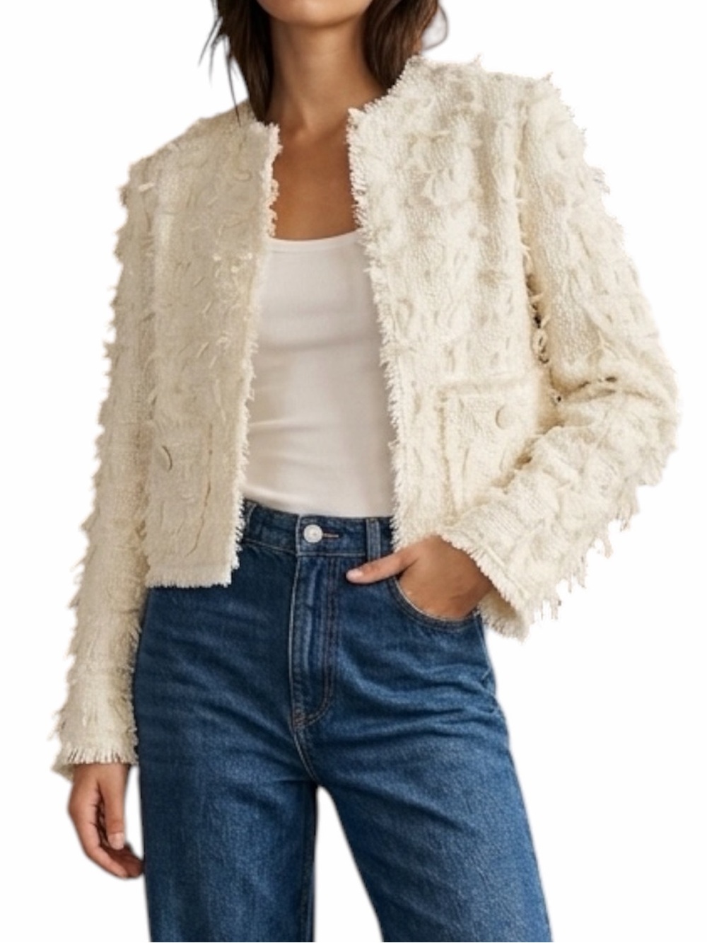 Modern Classy Cropped Tweed Blazer Frayed Trim Boucle Jacket Cream XS